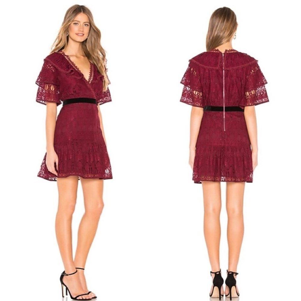 J.O.A. Ruffled Sleeves Lace Dress in Burgundy